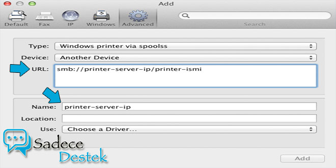 Yeosemite ye windows print server'dan printer ekleme
