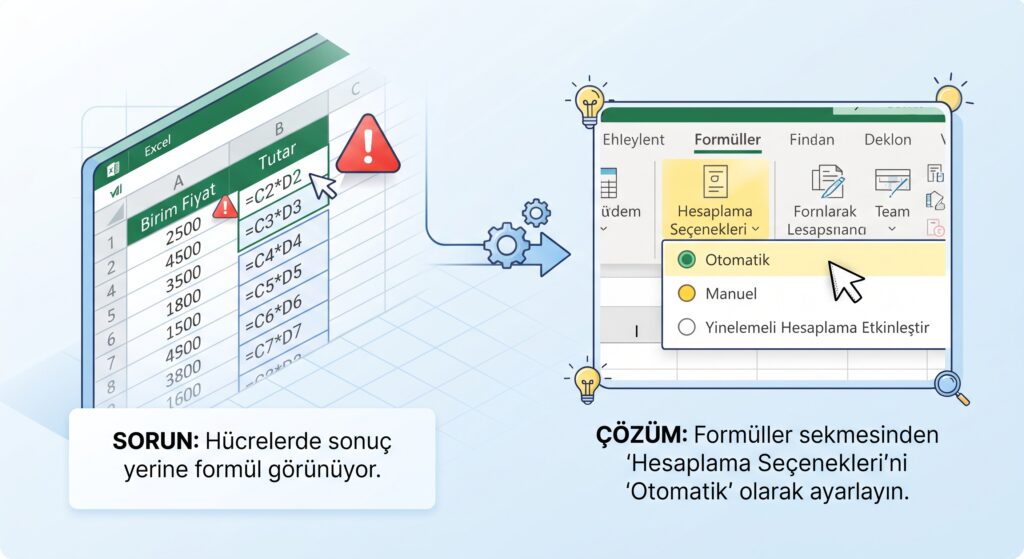 Excel formülleri hesaplanmıyor veya sonuç yerine formül görünüyor: Güvenli çözüm sırası