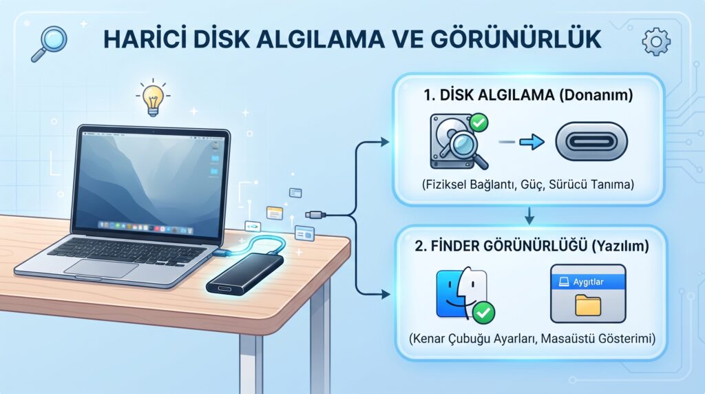 Mac harici diski görmüyor: Finder ve Disk İzlencesi ile güvenli teşhis